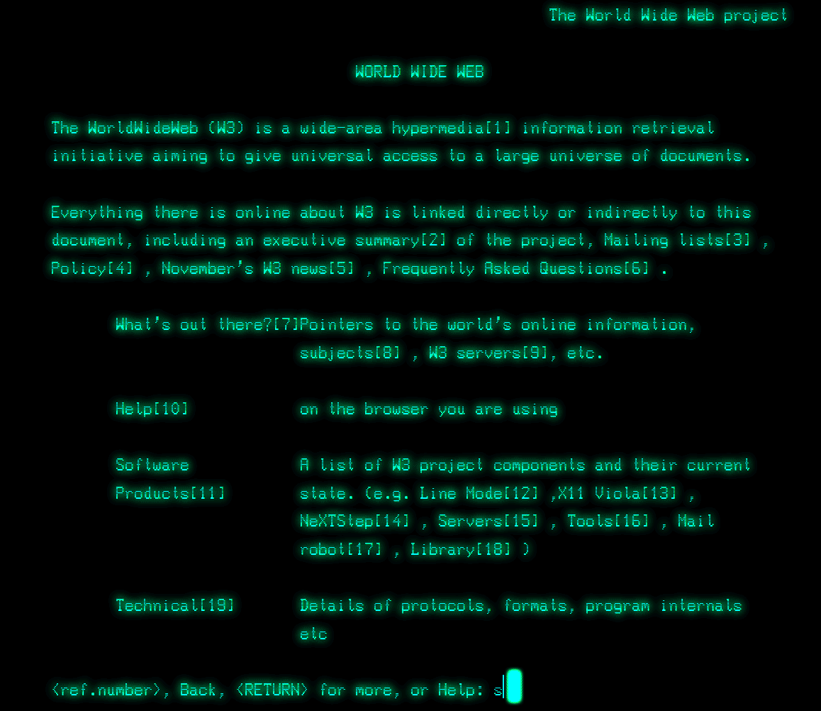 Screenshot of the very first web page hosted at CERN in Switzerland.