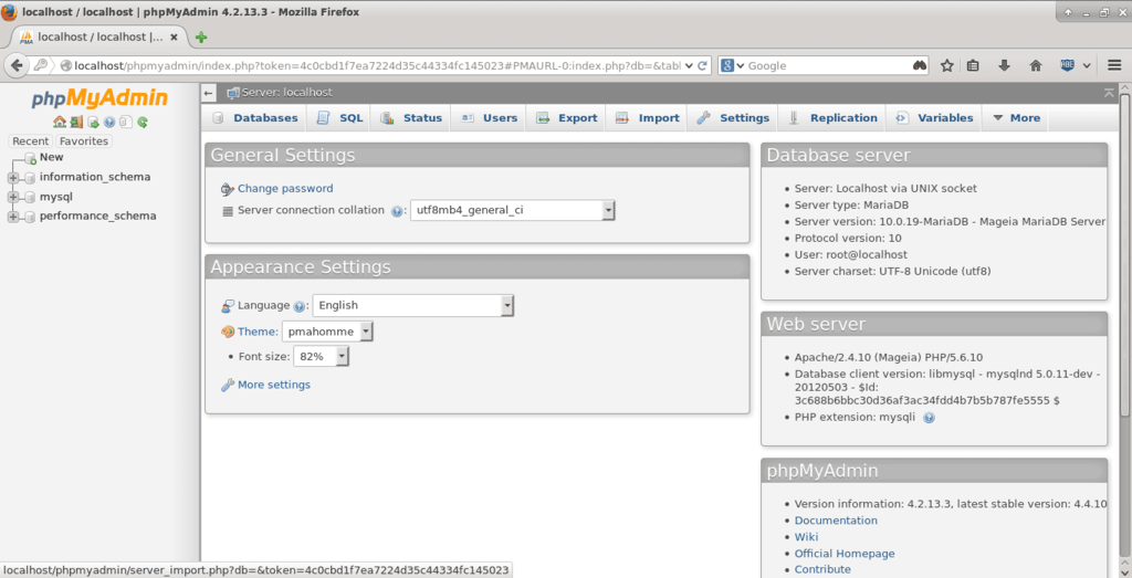 View of the interface of PHPMyAdmin, which is a front-end to MySQL.