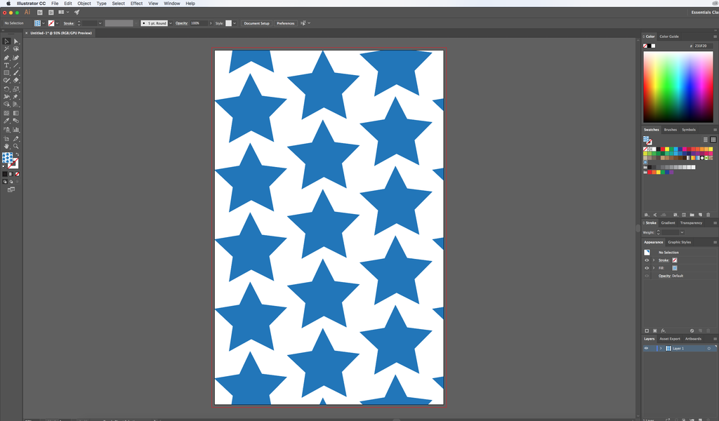 A rectangle in Adobe Illustrator with a blue star pattern fill. 
