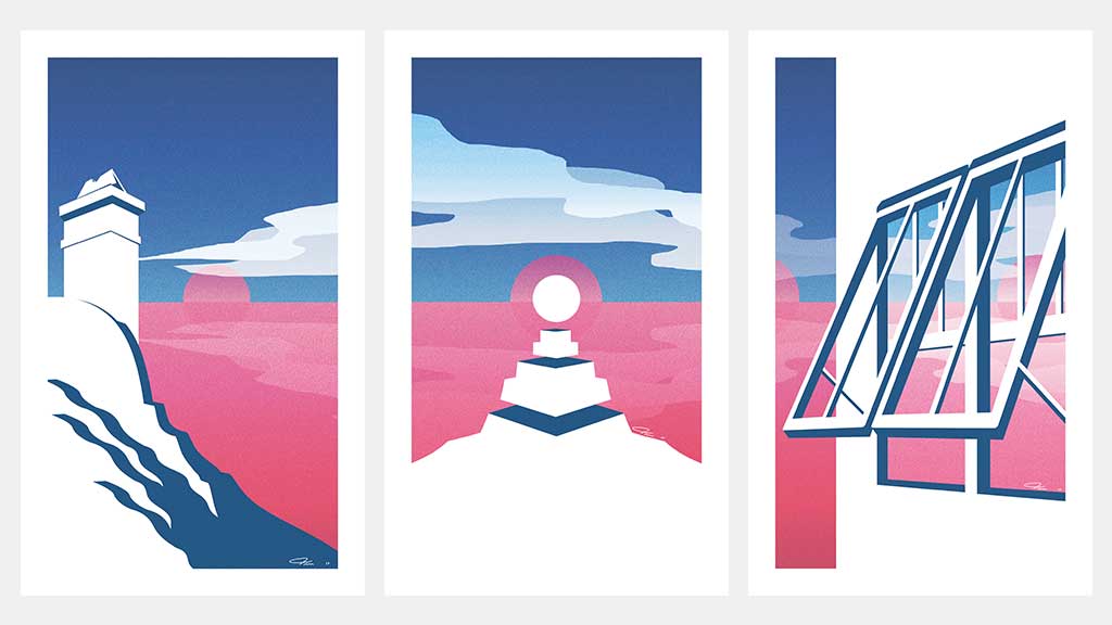 3 of 5 Bermuda themed illustrations in a pink and blue color scheme designed for an art exhibition