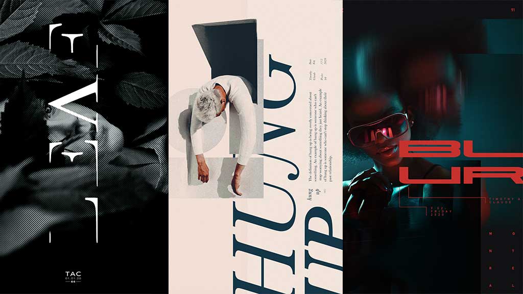 Three separate posters placed side by side designed for a daily poster challenge. All portraits are overlaid with text 