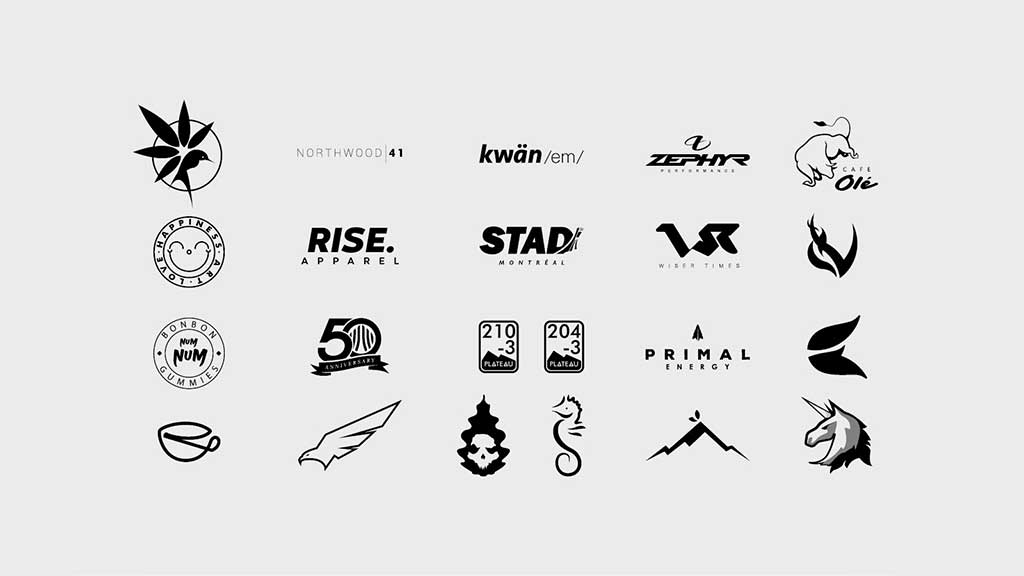 Collage of logos designed in black, over grey background