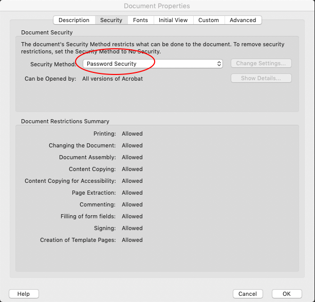 Screen capture of Adobe Acrobat Pro's Document Properties dialog box displaying the "password security" option enabled. This is the main "adding security" step to optimize and secure a print PDF for web use.