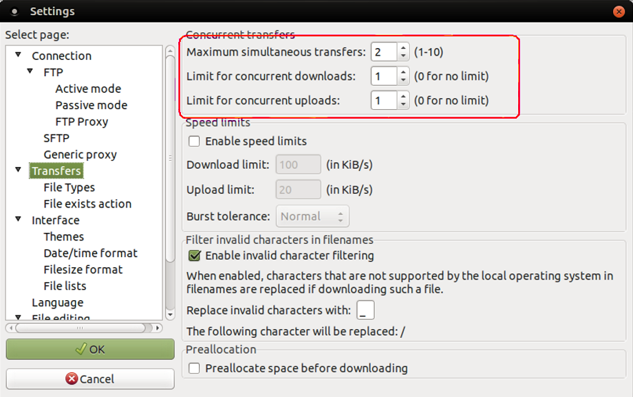 FileZilla's default transfers settings panel on Ubuntu Linux.