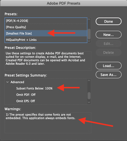 Screen capture of the Adobe PDF Presets dialog box showing the font inclusion options. This is the first step to optimize and secure a print PDF for web use.