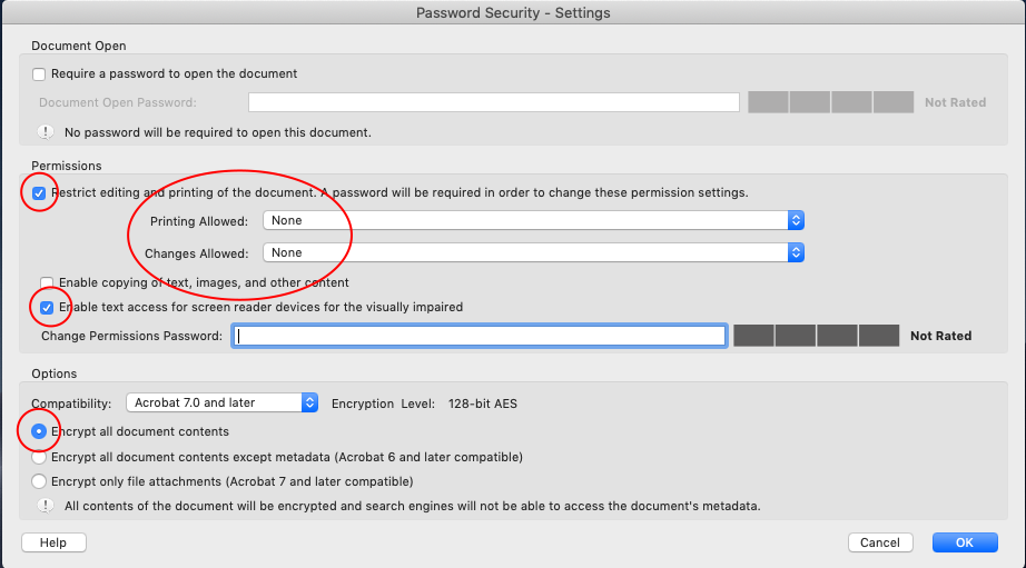 Screen capture of Adobe Acrobat Pro's Password Security settings dialog box showing the recommended settings to secure a PDF. This is the "locking" step in the sequence used to optimize and secure a print PDF for web use.