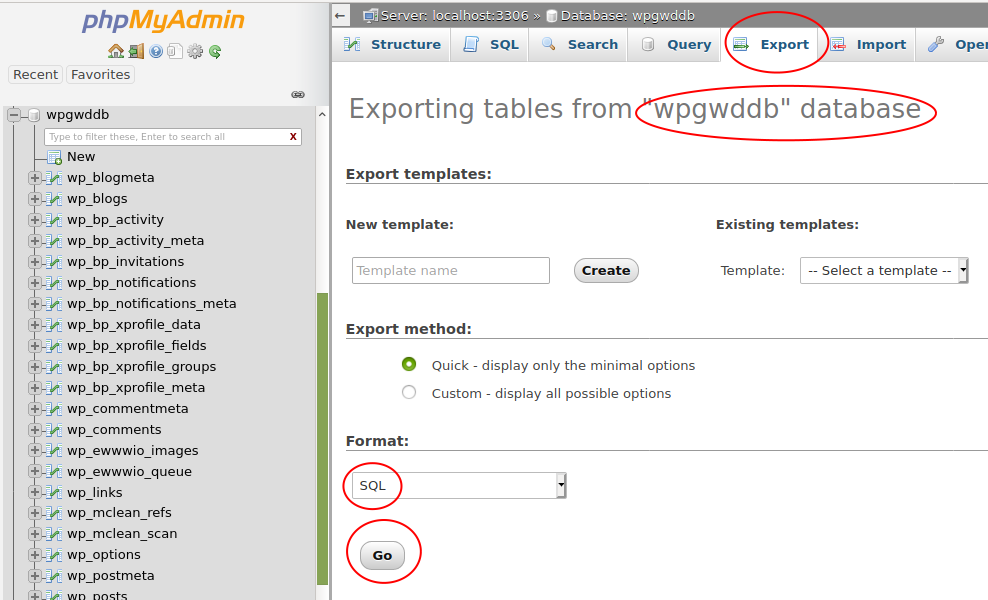 View of the PHPMyAdmin database export page 